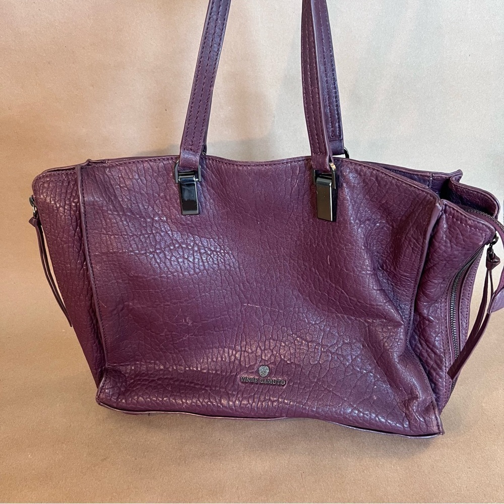 Vince Camuto Riley Large Size Plum Genuine Leather Zip Close Tote Expandable